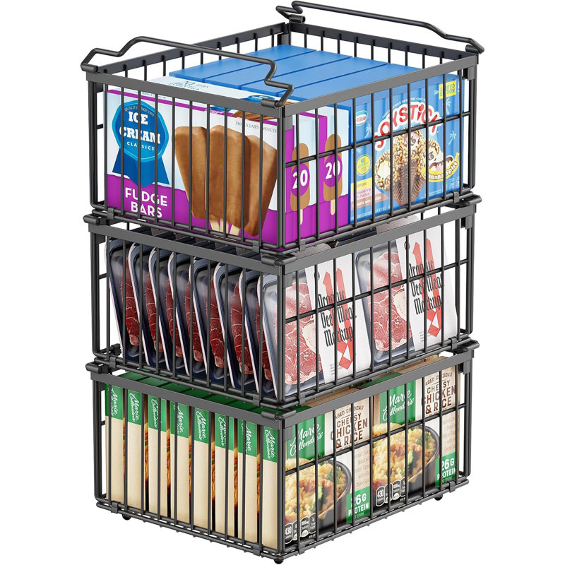 Bacs de rangement pour congélateur, paquet de 3 grands bacs de rangement pour congélateur coffre empilable, paniers pliables avec poignées