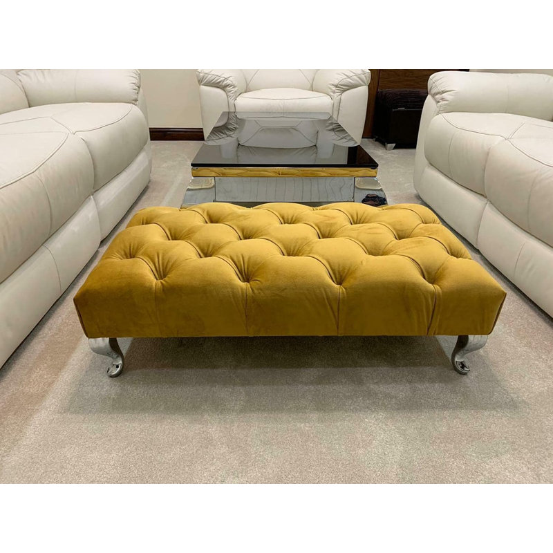 Soft Plush Fabric Chesterfield Footrest & Coffee Table With Chrome Feet , White