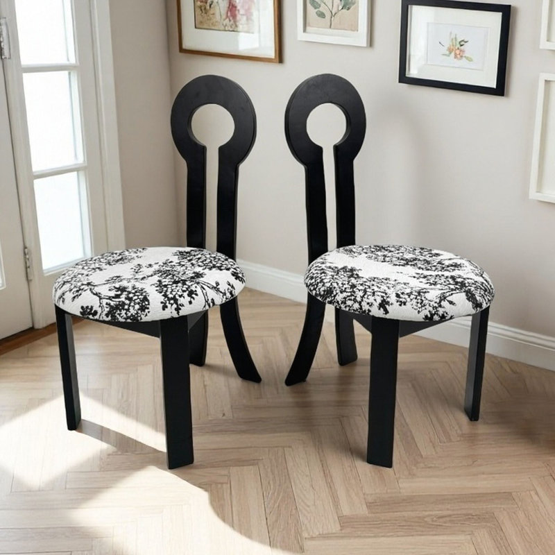 Ensemble de 2 chaises de salle à manger rembourrées en velours avec coussin rond blanc et texture grain de bois