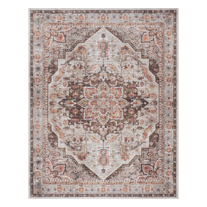 Samira Tiefi Brown Tan Ivory Machine Washable Traditional Medallion Indoor Area Rug, Flat Pile for Living Room & Bedroom - Brown, 8x10