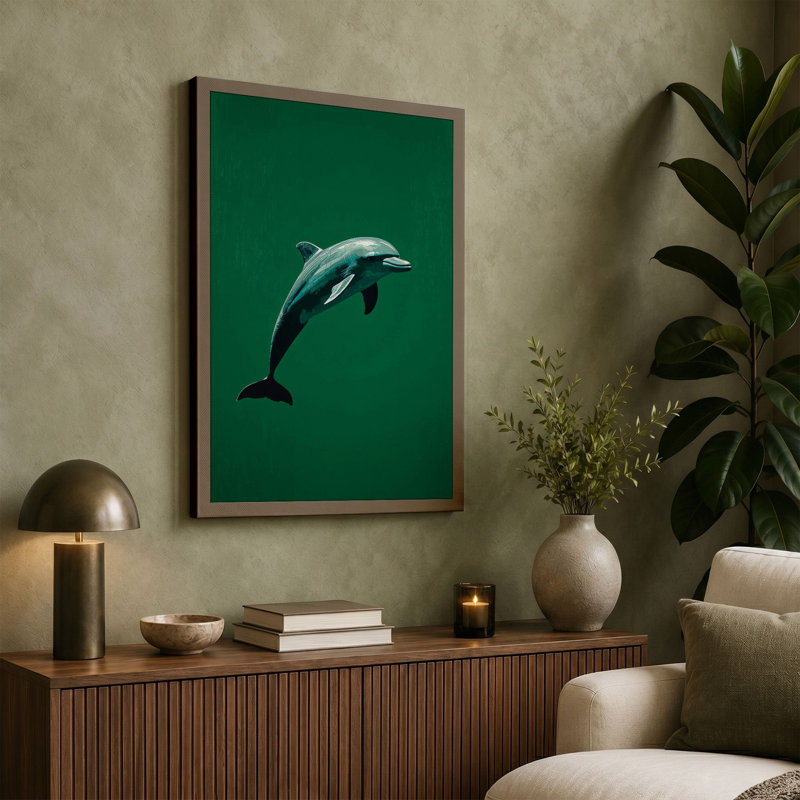 Leaping Dolphin Coastal - Wrapped Canvas, 30x20 - 76.2 x 50.8 cm, Sage Border