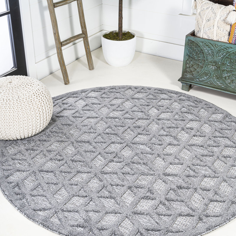 Talaia Neutral Geometric Dark Gray Indoor/Outdoor Rug, Round 5'3"