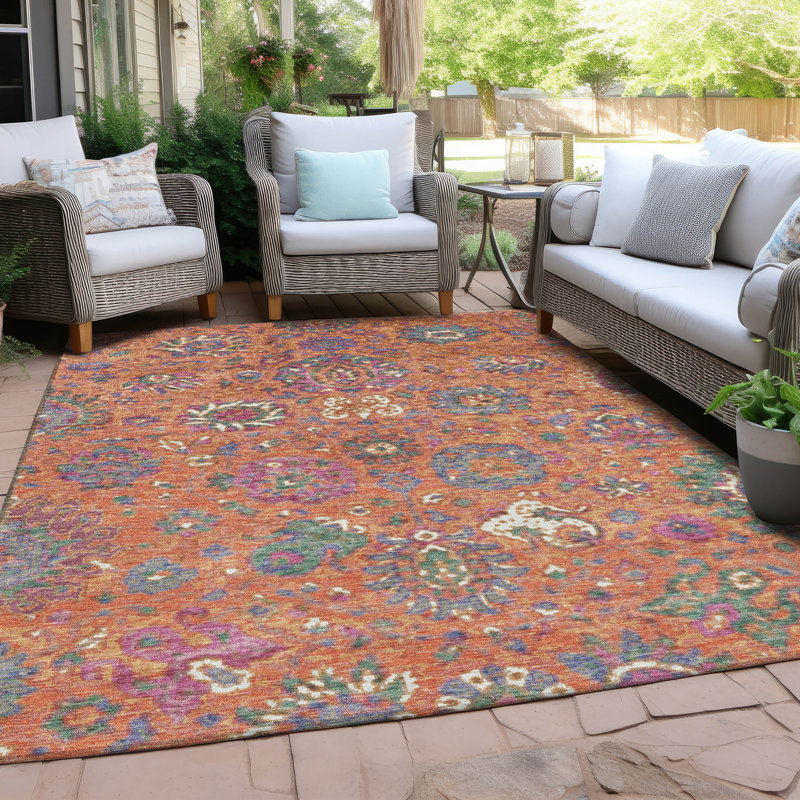 Tapis orange intérieur / extérieur lavable à la machine Xhevrie, Rectangle 8 pi x 10 pi