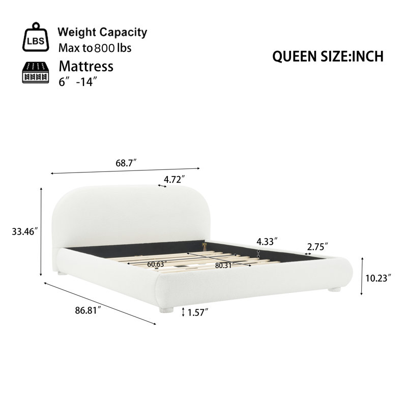 Queen Upholstered Platform Bed with Curved Headboard, Cream, Queen