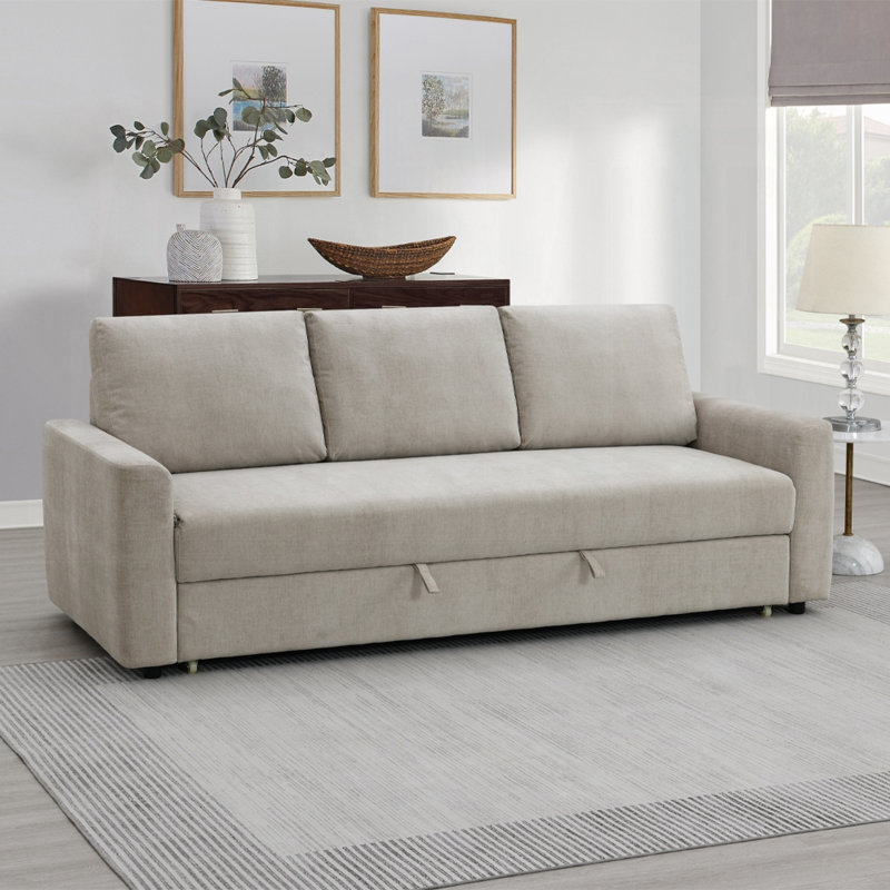 Androniki Transitional 89''L Upholstered Square Arms Sofa with Sleeper, Beige Linen