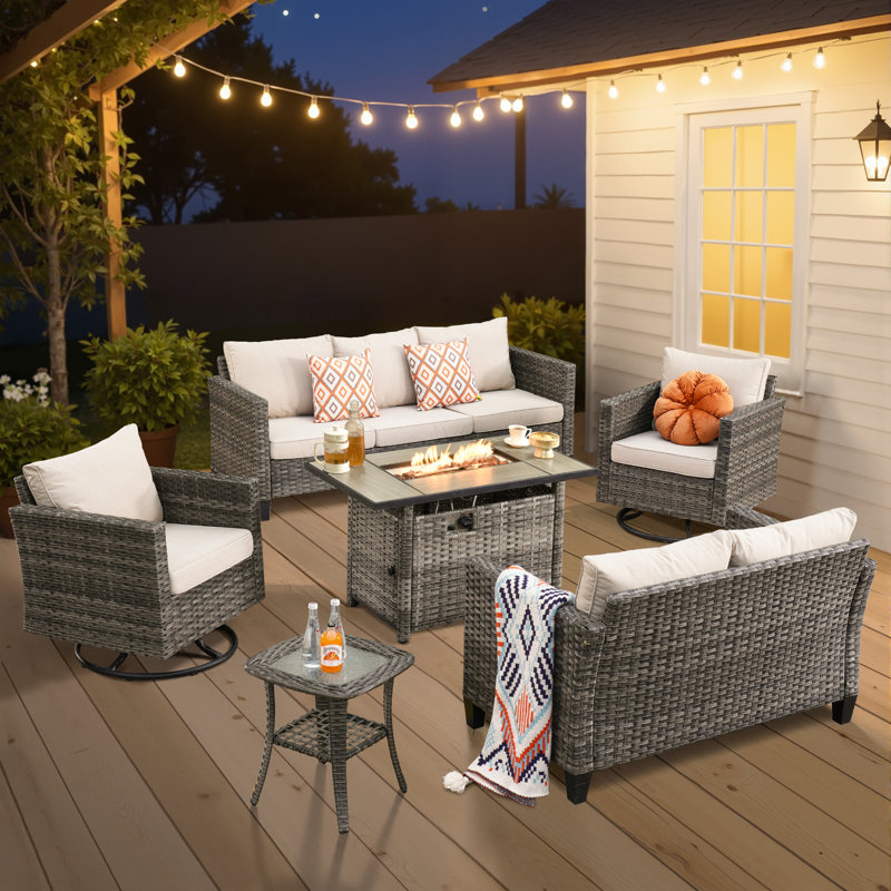 Lovall Premium All-Weather Wicker 7 - Person Patio Conversation Set with Cushions, Beige