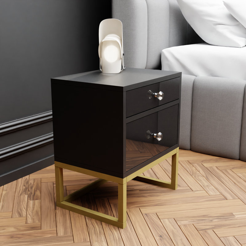 Mekenna 40 cm W Bedside Table, Glossy Black/Gold