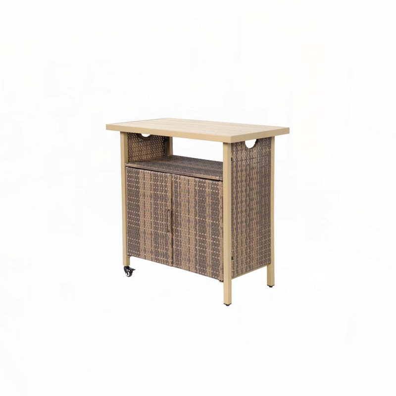 Outdoor Wicker Bar Cart, Patio Wine Serving Cart w/Wheels, Beige