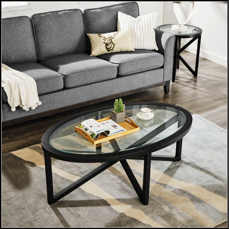 Table basse moderne simple en verre trempé avec base en bois massif, plateau rond transparent pour le salon et la terrasse