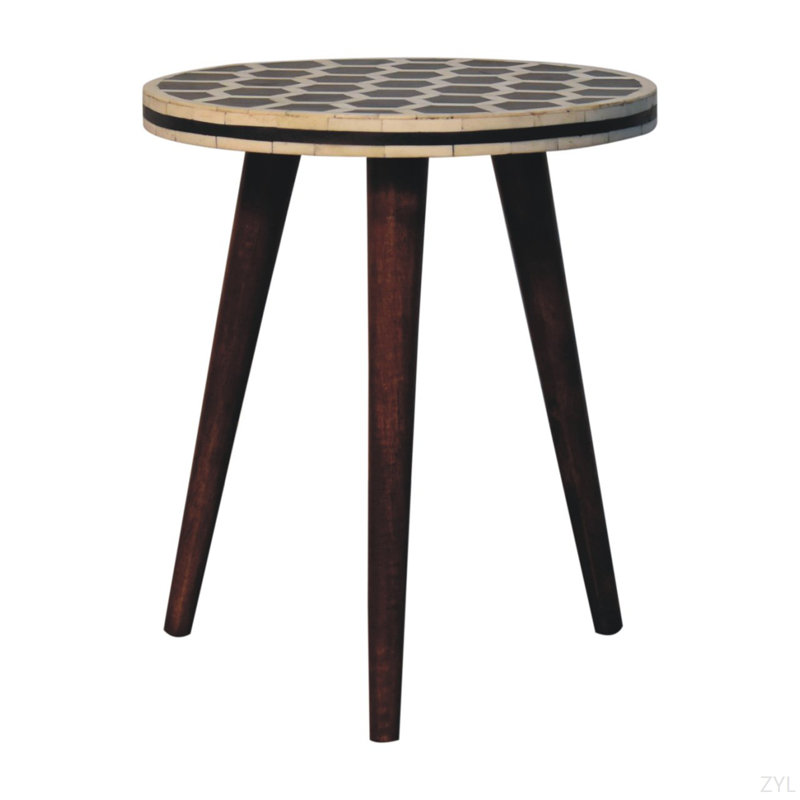 Incrustation d'os en bois massif brun foncé avec tabouret à trépied miel, finition caramel, Black