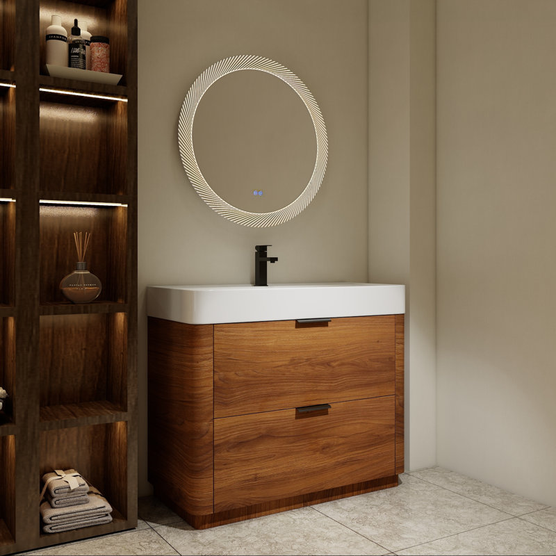 Meuble-lavabo moderne sur pied avec lavabo encastré en résine et deux tiroirs, 30"