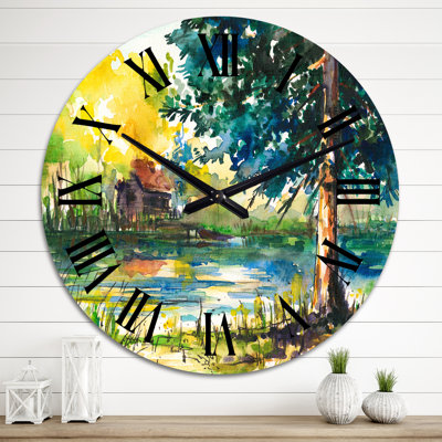 Landscape With Blue Tree By The Waterside - Country wall clock