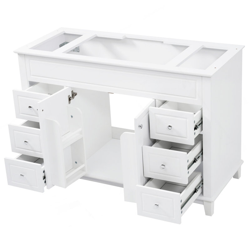 Meuble-lavabo 46 po sans lavabo, armoire seulement, 6 tiroirs à fermeture en douceur et portes doubles avec tablettes à 2 niveaux, pieds en pin, blanc