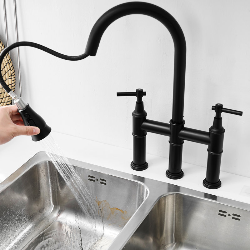 Bridge Kitchen Faucet With Pull-Down, Black Finish, 3 Holes 2 Handles, Stainless Steel, Ceramic Filler, Modern Sink Hole Handle, Classic Style Design