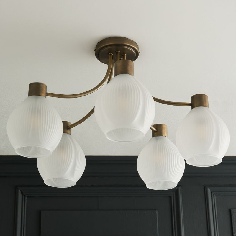 Glass Semi Flush Mount, 5 Lights, Antique Brass, 335cm H x 572cm W x 572cm D