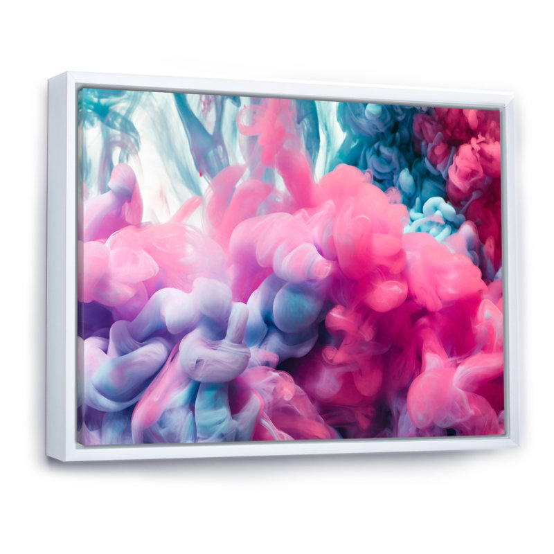 Encre rose et turquoise liquide, reproduction sur toile flottante, H 30 po x l 40 po x P 1,5 po, Cadre flottant blanc
