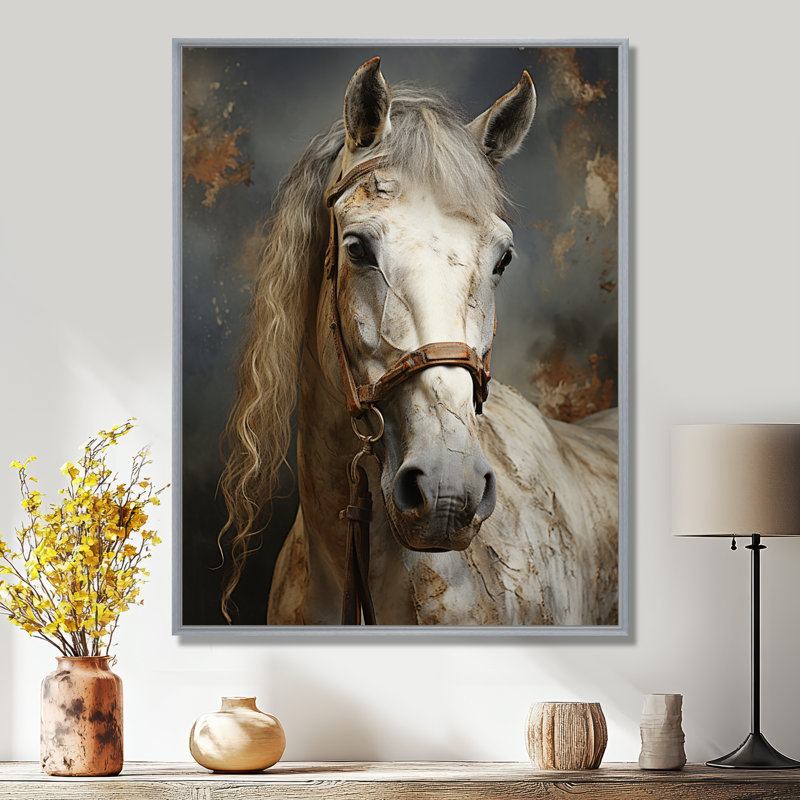 Lasaundra White Horse, H 32 po x l 16 po x P 1 po, Encadrement argenté