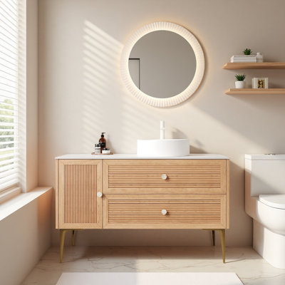 Meuble-lavabo autoportant de 48 po avec lavabo vasque en céramique blanche, armoire de rangement en contreplaqué à finition chêne avec 2 tiroirs, 1 porte et 4 pieds en métal doré, pré-assemblé