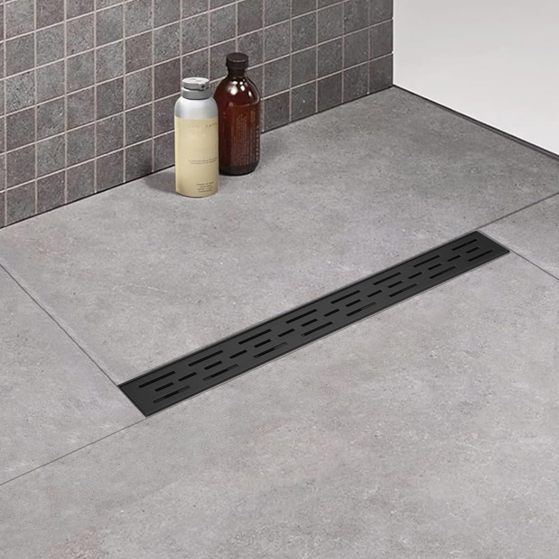 24 Inches Linear Shower Drain With Removable Bar Pattern Grate,Linear Drain With Hair Strainer And Leveling Feet,Stainless Steel,Matte Black