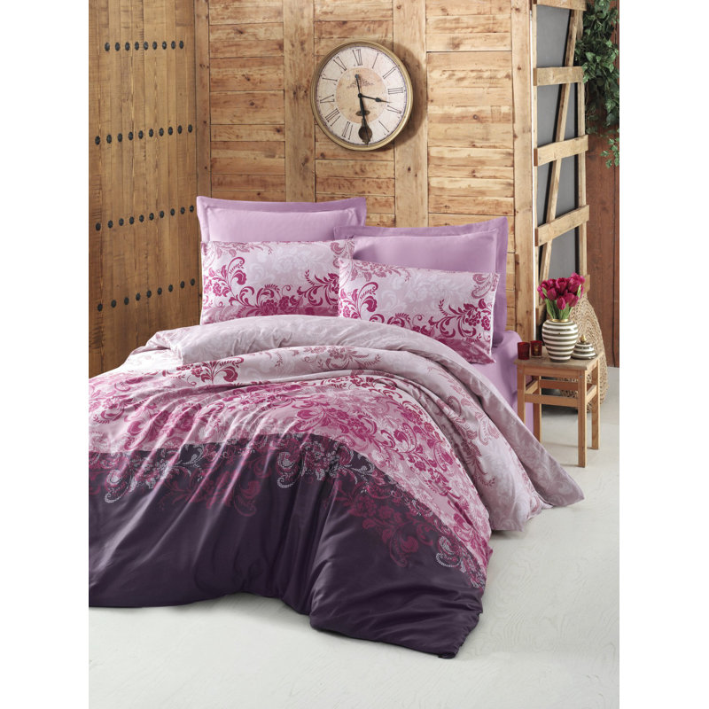 Satin King Quilt Cover Set (3 Pieces), 100% Cotton Satin, 78.7 x 86.6 inches | 210 Thread Count | Machine Washable, Elegant Rose, Lilac, Cream & Pink Colors | Stylish and Comfortable Bedding for Luxurious Sleep Experience