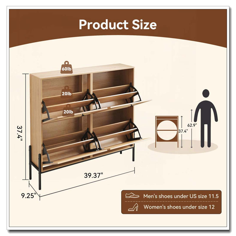 Armoire à chaussures en rotin avec 4 portes rabattables, Chêne