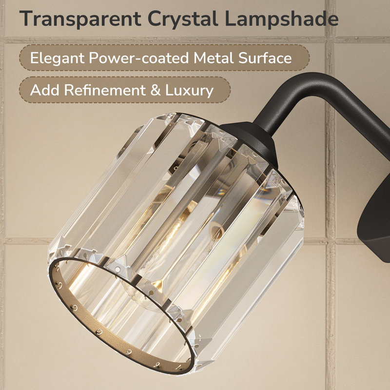 Dimmable Bathroom Vanity Light with Crystal Shade, Matte Black, 3 Lights