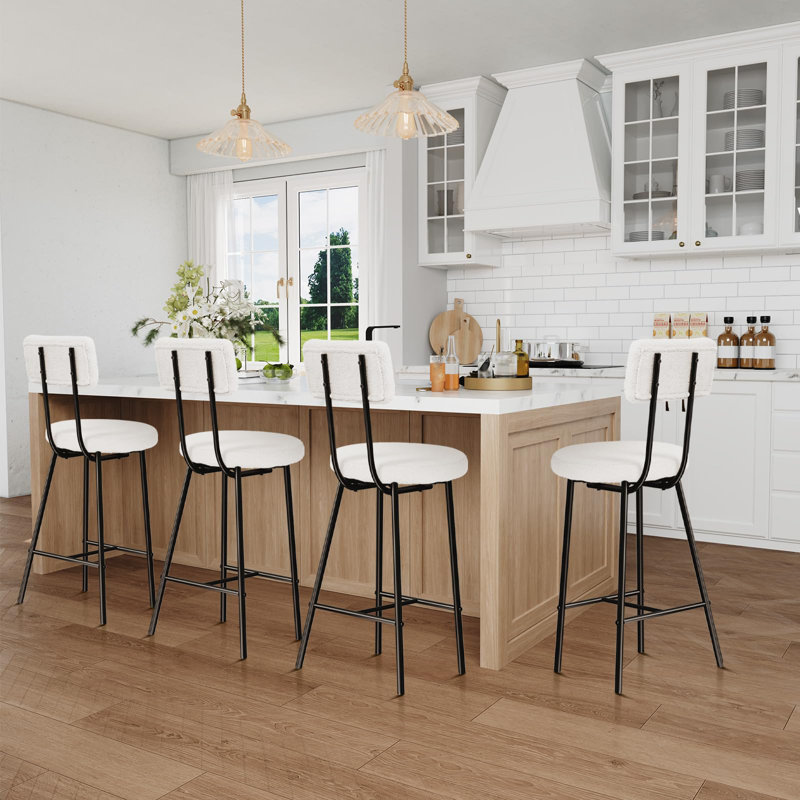 Boucle Upholstered Bar Stools, Modern Counter Height Bar Chairs With High Back, Footrest And Metal Leg, White, 4