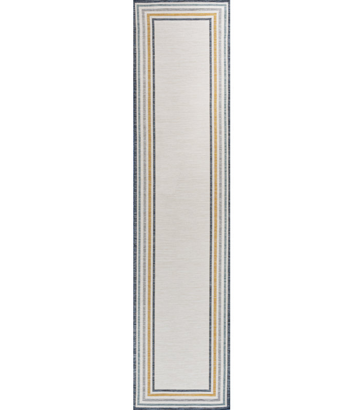 Vandervliet Classic Coastal Mitred Stripe Reversible Machine-Washable Cream/Navy Indoor/Outdoor Rug, Runner 2' x 8'