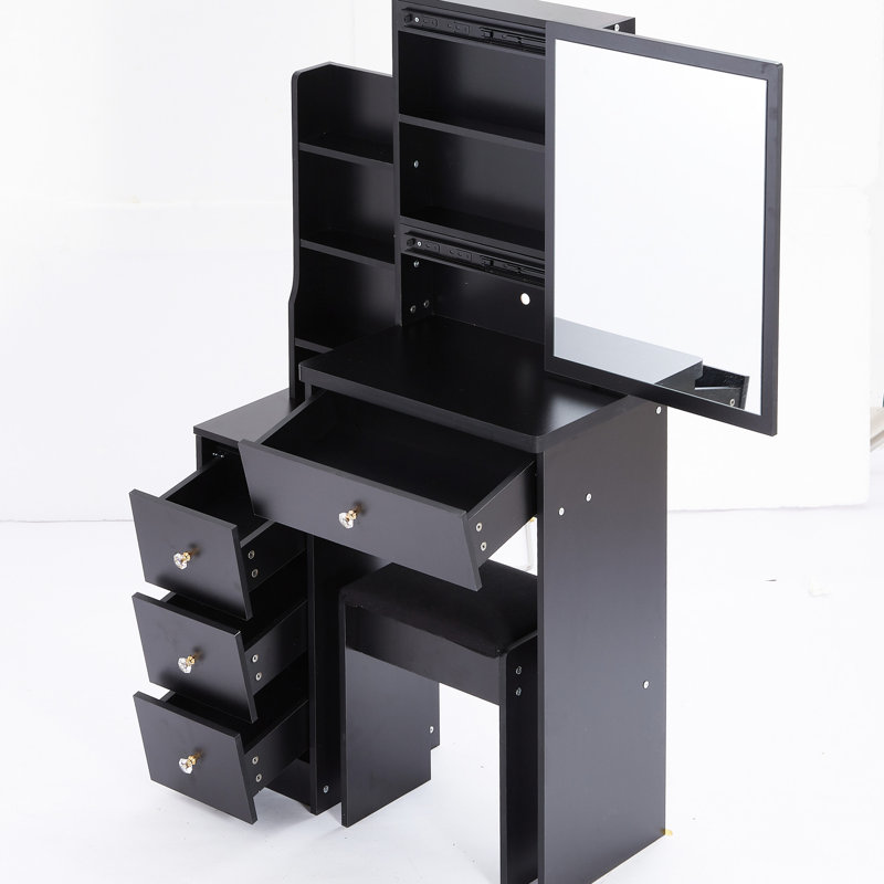 Meuble-lavabo gauche noir avec tabouret rembourré et très grand miroir coulissant, rangement multi-couches pour espaces restreints
