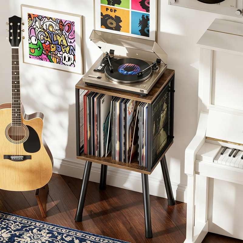 Record Player Stand with Storage for 100 Albums, Vinyl Record Holder with Storage Shelf and Adjustable Divider