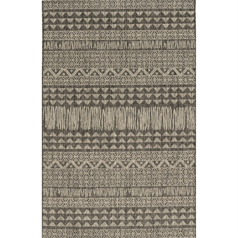 Sedona Boho Striped Charcoal/Natural Indoor/Outdoor Performance Area Rug, Rectangle 5'3" x 7'7"