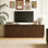 Meuble télé 67 po pour salon Mid-Century, meuble audio-vidéo en bois avec rangement pour téléviseurs de 75 po ou moins, console média avec portes cannelées arquées et tablettes réglables pour la chambre à coucher, brun