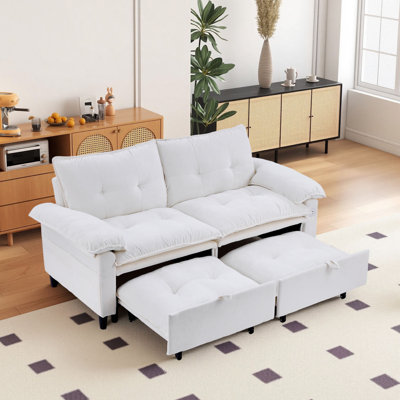 73 inch Beige White Velvet Pull Out Sofa Bed Convertible Sleeper Couch with Pullout Mattress