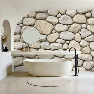 Beige Peel and Stick Wallpaper Natural Stone Cobblestone Neutral Beige Gray Tones Wall Murals 100"H x 144"W Removable PVC Wall Paper Self-Adhesive Wall Decor for Bedroom Living Room Home Office