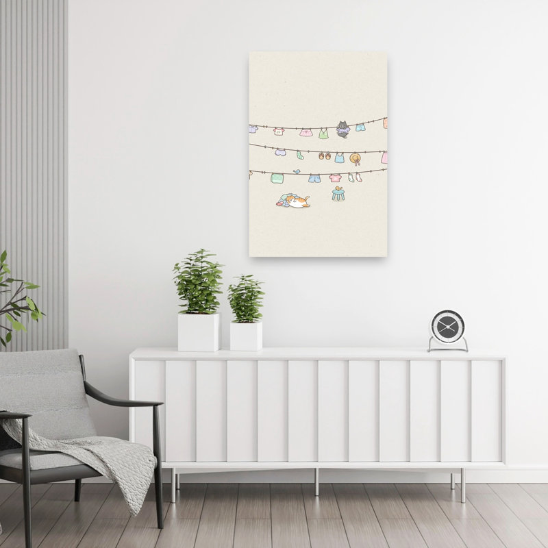 «Whimsical Cat Laundry», impression d'art mural fantaisiste et minimaliste, 36" H x 24" W