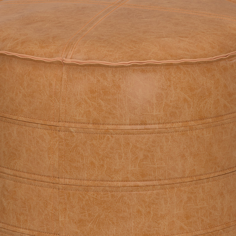 Brody 20"W Upholstered Vegan Leather Boho Round Pouf with Polystyrene Filling, Distressed Brown