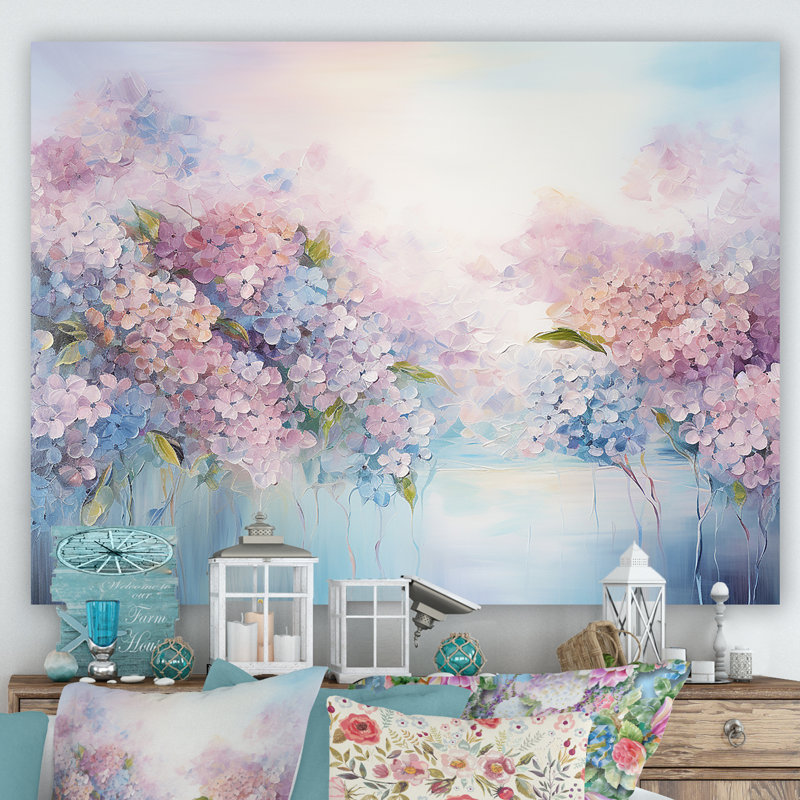 Hortensia bleue et rose Solitude dans la nature - décoration murale champ de fleurs, Toile tendue, H 12 po x l 20 po x P 1 po
