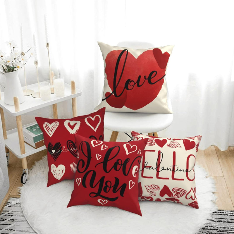 Ensemble de 4 coussins décoratifs pour la Saint-Valentin, Coussins décoratifs Love Heart, Rouge / Beige