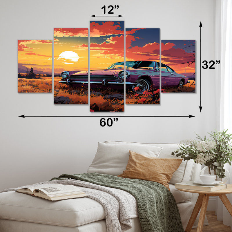 Rose et jaune voiture américaine classique Sunset Meadows - ensemble de décorations murales multi-panneaux