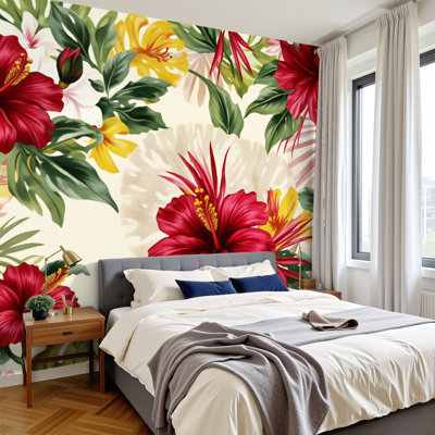 Peel and Stick Wallpaper Red Hibiscus Tropical Floral Green Leaves Beige Wall Murals 100"H x 144"W Removable PVC Wall Paper Self-Adhesive Wall Paintings Art Decor for Bedroom Living Room