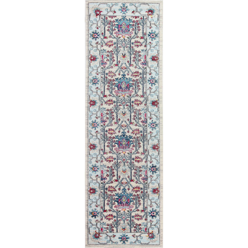 Tapis oriental ivoire / bleu / rouge Gantz, Tapis de couloir 2 pi 6 po x 8 pi