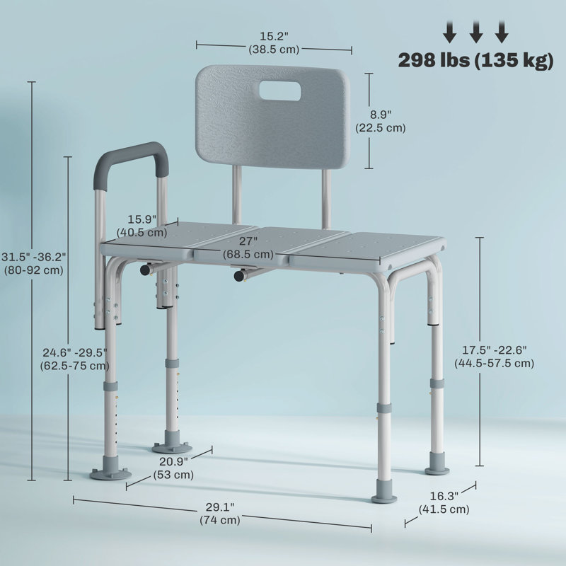 Banc de bain et de douche réglable à 6 niveaux, accoudoirs et dossier, gris