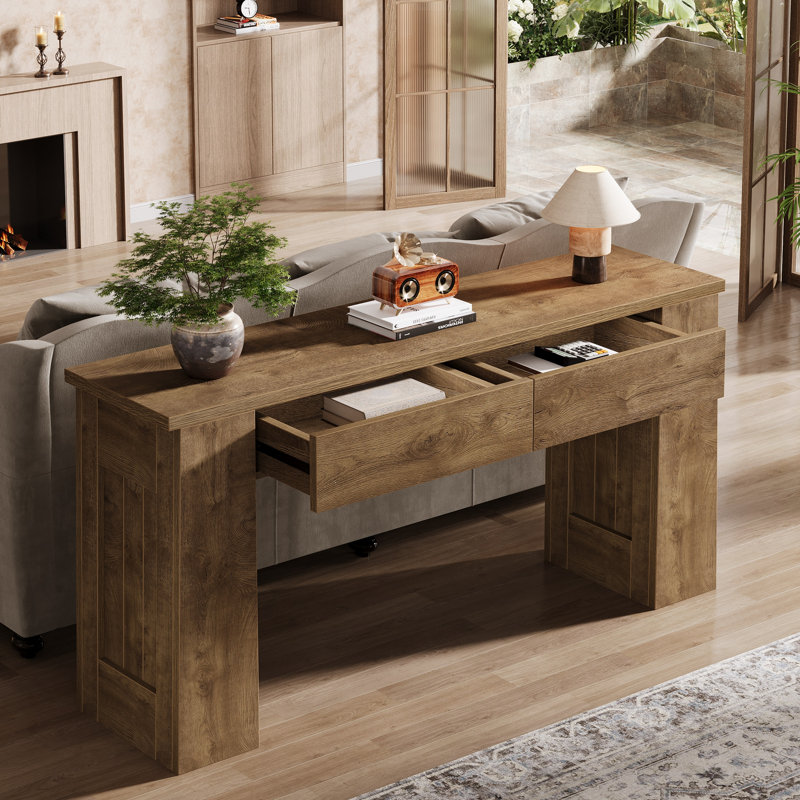 63" W x 11.8" D Console Table with 2 Drawers, Long Entryway Table for Living Room, Modern Light Brown Narrow Sofa Table