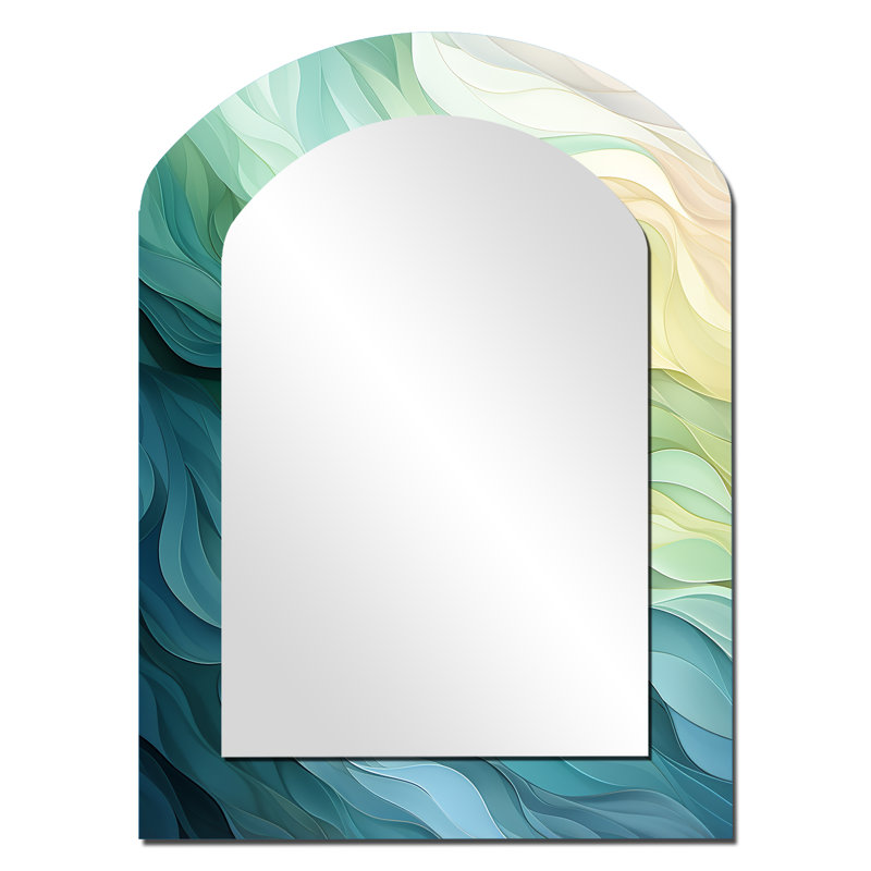 Gree and White Sway Wave Serenity I - Grand miroir mural arqué sur métal, 34 po x 25 po