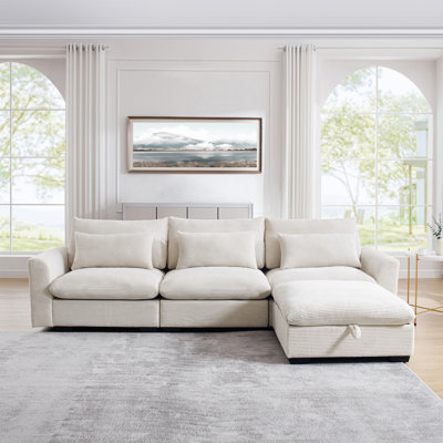 Canapé modulaire Karaka Corduroy, canapé en L avec repose-pieds avec rangement et 3 coussins, canapé modulaire pour le salon