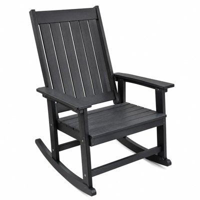 Fauteuil à bascule de patio, style ferme traditionnel, en PEHD résistant aux intempéries avec dossier à lattes verticales, mouvement de bascule doux pour porche, jardin et terrasse, gris