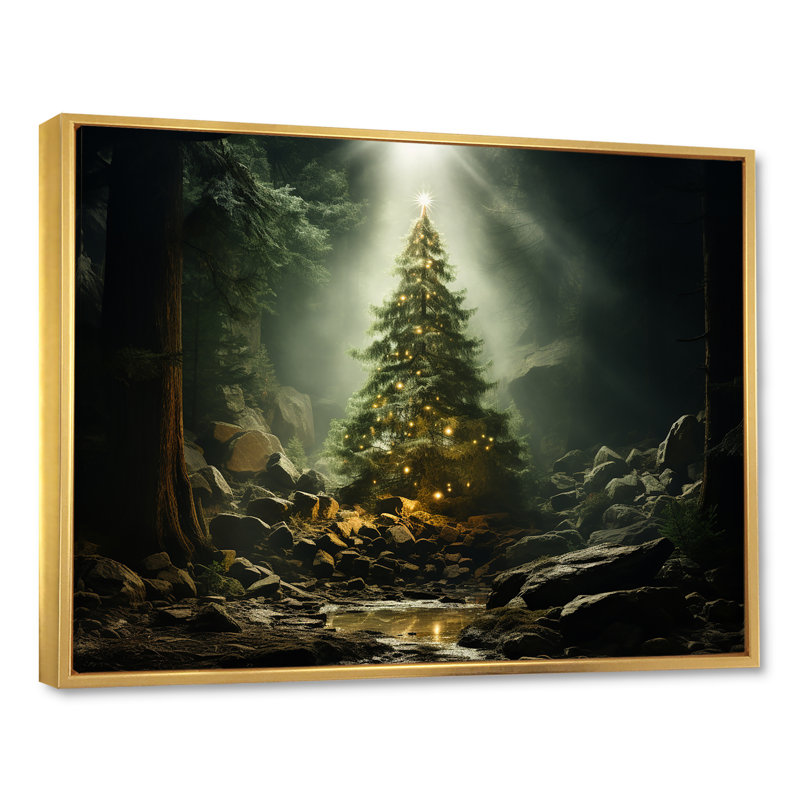 Arbre de Noël vert magique - décoration murale paysage d'hiver, Cadre flottant doré, H 34 po x l 44 po x P 1,5 po