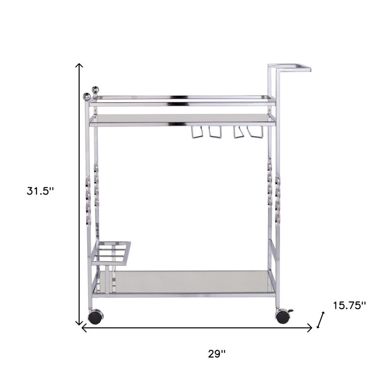 29" Silver Metal and Mirrored Glass Rolling Bar Cart With Wine Storage