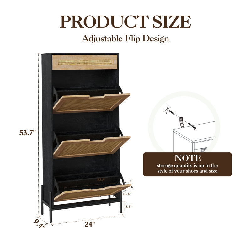 Freestanding Shoe Rack Cabinet With Flip Doors & Drawers, Black/Wood, 3