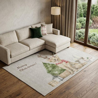 Tapis de Noël lavable pour chien vert et gris 8 'x 10' taupe avec protection UV